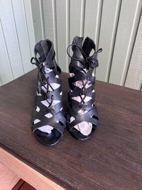 Franco Sarto Black Lace-Up Gladiator Heels